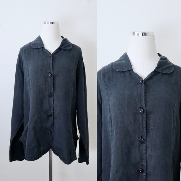 Flax Size L Woven Linen Collared Jacket Button Front High Low Hem Black - Picture 1 of 12